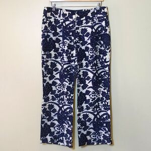 Loft Marisa Wide Leg Linen Pants Coastal Beachy Boho White Navy Floral Size 8